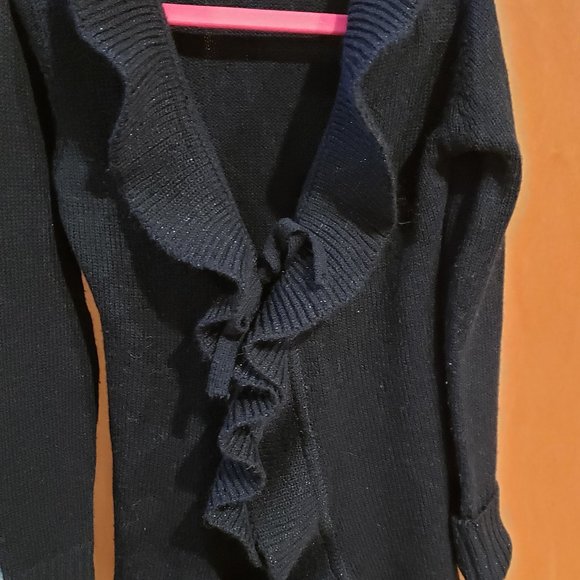 Black long sweater with sparkle ruffle front and tie closure Girls  Size S 7/8 - Picture 1 of 3